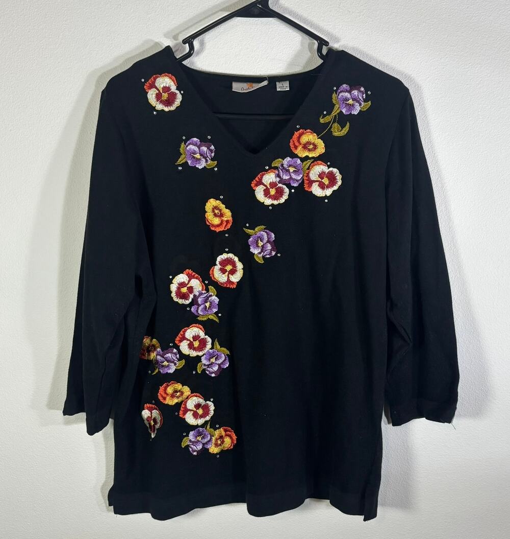 Quacker Factory Womens L Black Floral Embroidered Rhinestone  Top 3/4 Sleeve